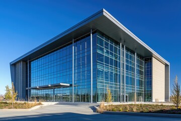 Obraz premium Modern glass-fronted commercial building with a sleek design under a bright blue sky.