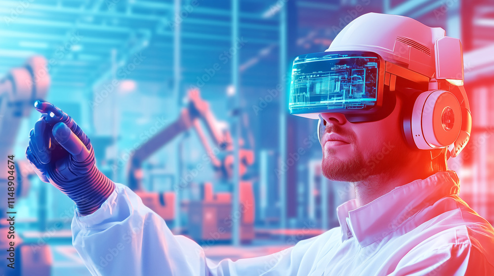 Poster innovative technician using virtual reality in a modern robotics