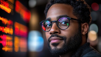Fototapeta premium Thoughtful young man with glasses gazing at digital display while contemplating life choices in a modern urban setting
