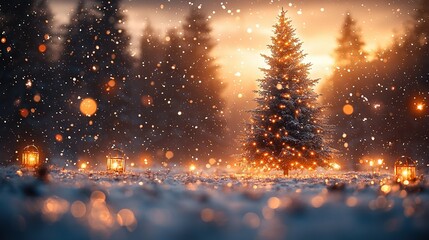 Naklejka premium A serene winter landscape featuring a brilliant Christmas tree in the foreground and a warm lantern at the scene's center
