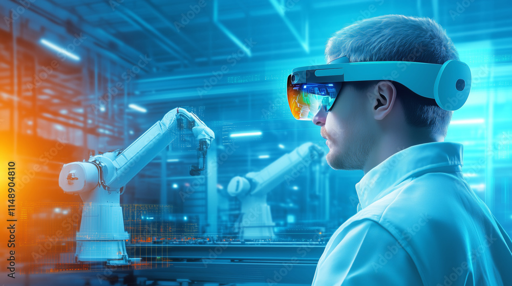 Aufkleber engineer uses augmented reality glasses while monitoring robotic
