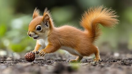 Fototapeta premium Adorable red squirrel playfully running across the forest floor while holding a pine cone in its tiny paws
