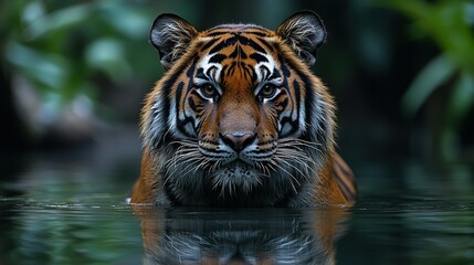 Fototapeta premium A tiger's close-up face in water with trees behind it