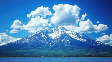 Majestic snow-capped mountain towering over a tranquil lake under a bright blue sky with fluffy clouds