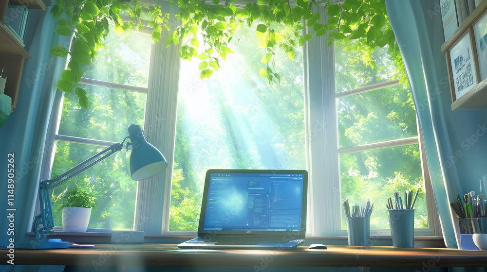 Poster sunlight streams through windows onto a workspace with a laptop