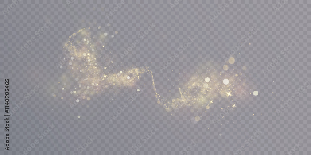 Poster Golden bright dust of light bokeh and glitter. Festive glowing bokeh and sparkles overlay texture for your design on transparent background. Golden particles abstract vector background.	