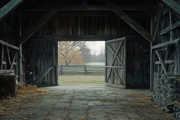 Naklejka premium Old wooden barn doors open to reveal an autumnal field with a rustic fence.