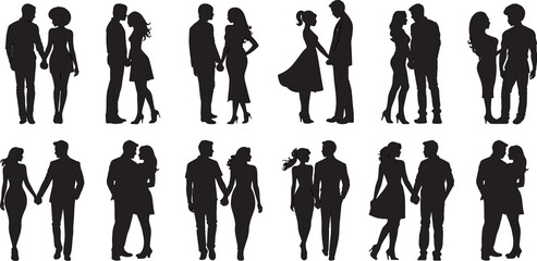 Collection of Realistic flat Romantic couples  silhouette vector illustration.