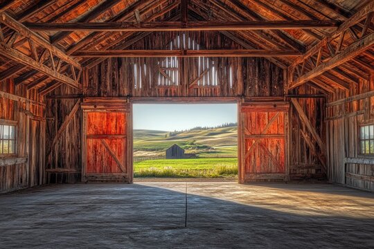 Old wooden barn interior with open doors revealing a scenic rural landscape.