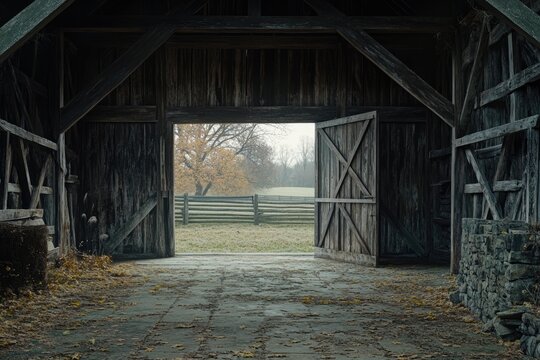 Old wooden barn doors open to reveal an autumnal field with a rustic fence.