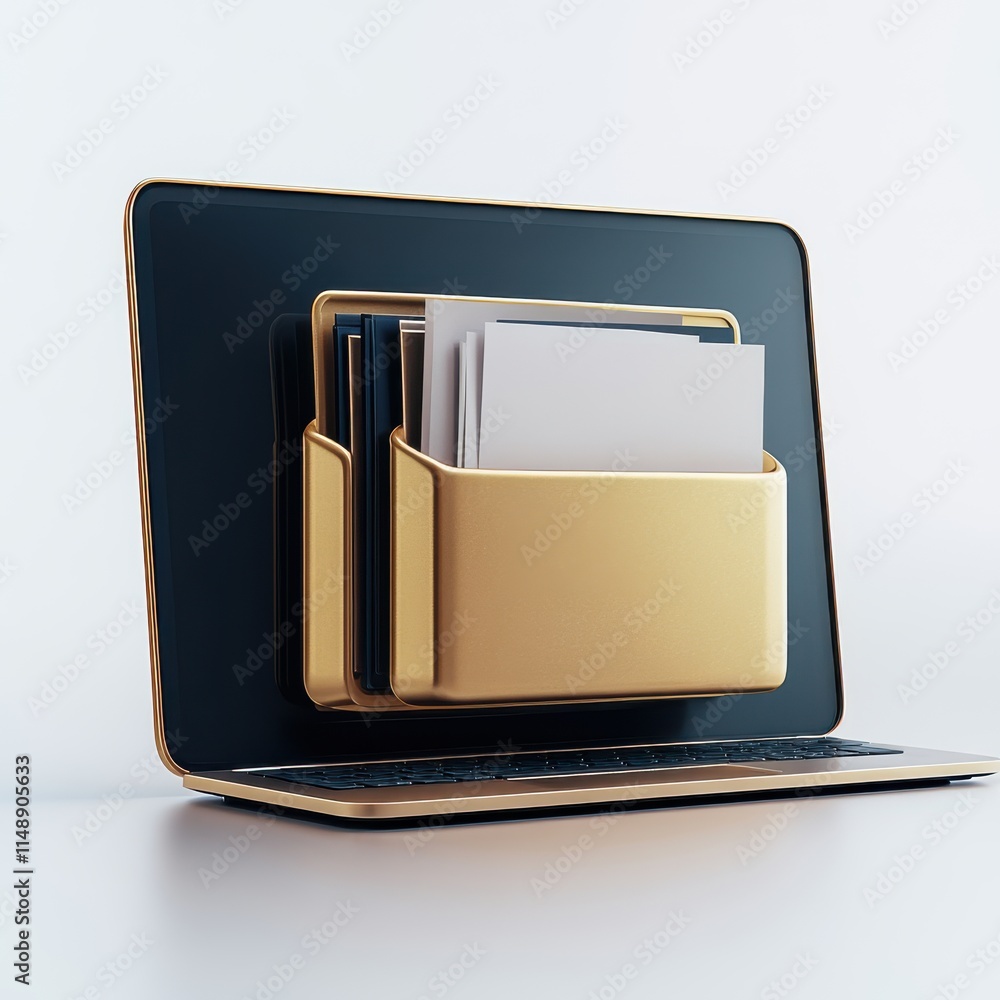 Poster a stylish gold laptop with organized file folders, creating a modern and efficient workspace setup.