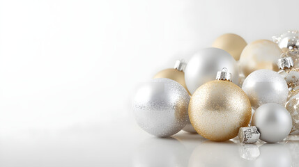 Elegant silver and gold Christmas ornaments arranged on a white background.  Perfect for holiday cards, websites, or festive designs.  Sparkling and sophisticated.