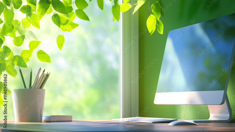 Poster Bright and airy workspace with greenery and a computer setup