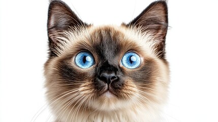   A close-up photo of a blue-eyed cat's face