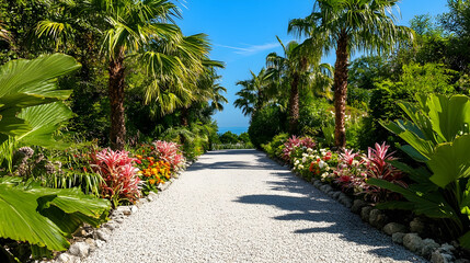 Obraz premium Florida Tropical Gravel Pathway with palm trees and vibrant flowers, serene outdoor trail