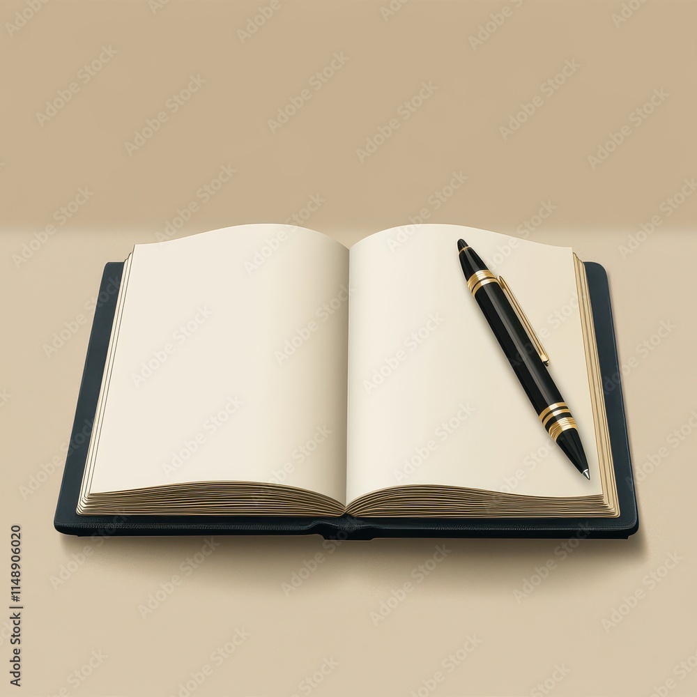 Poster an elegant empty notebook with a classy pen resting on its pages, set against a soft beige backgroun