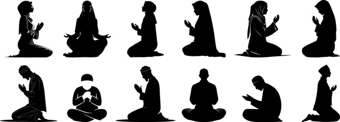 Collection of flat muslim men and women worshipping silhouette vector illustration.