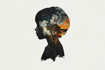 Double exposure of a child's silhouette merged with imagery of trees and a warm sunset, evoking thoughts on nature, imagination, and the harmony between humans and the environment.