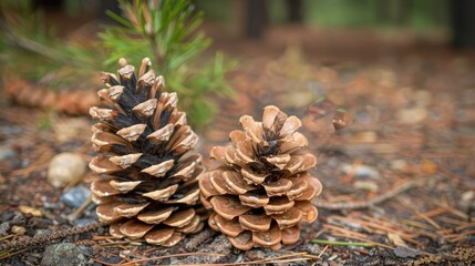 Two Pinecones on a Forest Floor with Fresh Green Sprouts