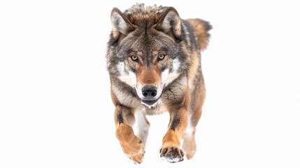 Obraz premium Running Wolf in Motion with Intense Gaze on a White Background