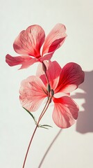 Obraz premium A pair of pink blossoms atop a white wall with a nearby green leafy plant in a vase