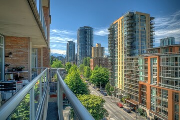 Urban cityscape viewed from a balcony, showcasing modern high-rise buildings and lush green trees on a sunny day.