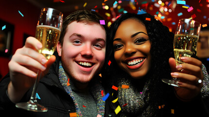 A happy young couple toasts with champagne amidst falling confetti.  They are smiling broadly, celebrating a festive occasion.