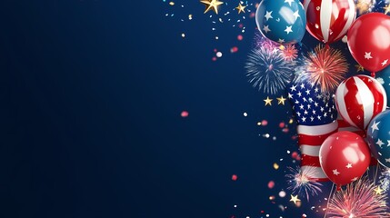 Background featuring the American flag, balloons, and fireworks on the right side with copy space in the center for text