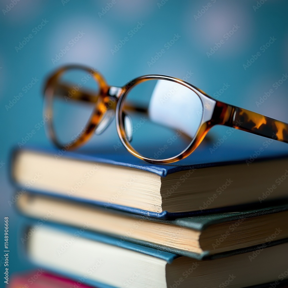Poster a stylish pair of tortoiseshell glasses resting on a stack of colorful books, creating a cozy readin