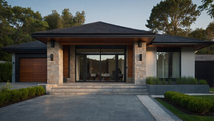 Fototapeta premium Contemporary single-story house with dark gray roof, wood garage door, stone pillars, and large glass front doors. Landscaped with hedges and stone planter boxes. Driveway made of light gray pavers.