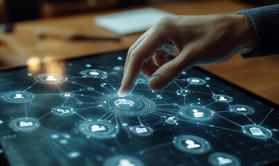 A hand interacting with a digital interface displaying interconnected icons.