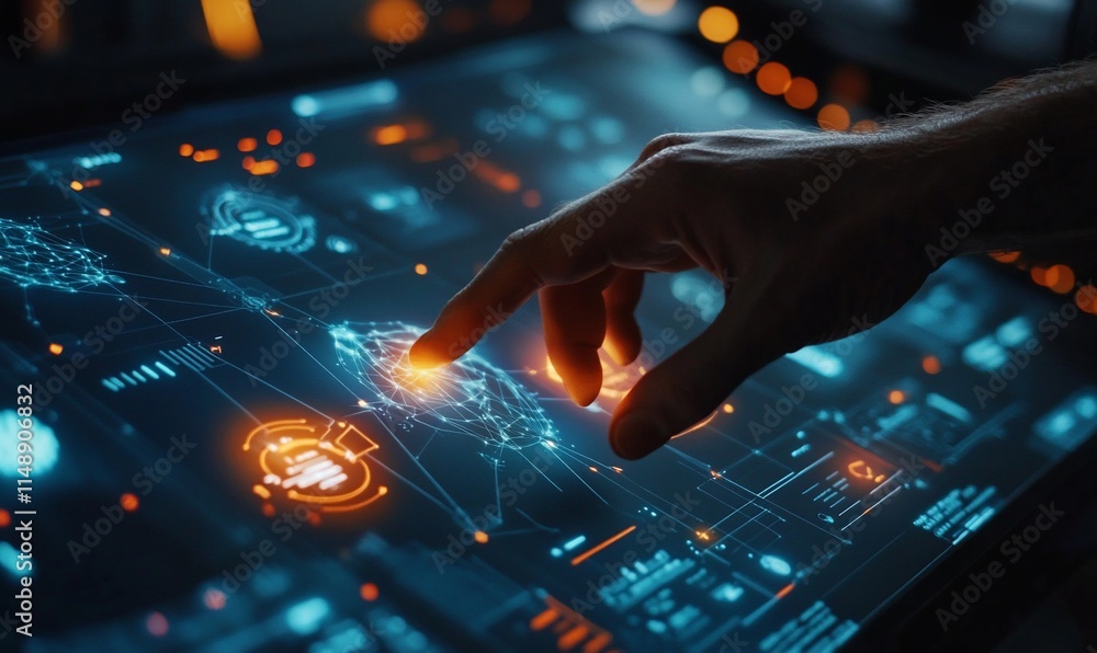 Aufkleber a hand interacting with a futuristic touchscreen displaying data and graphics.
