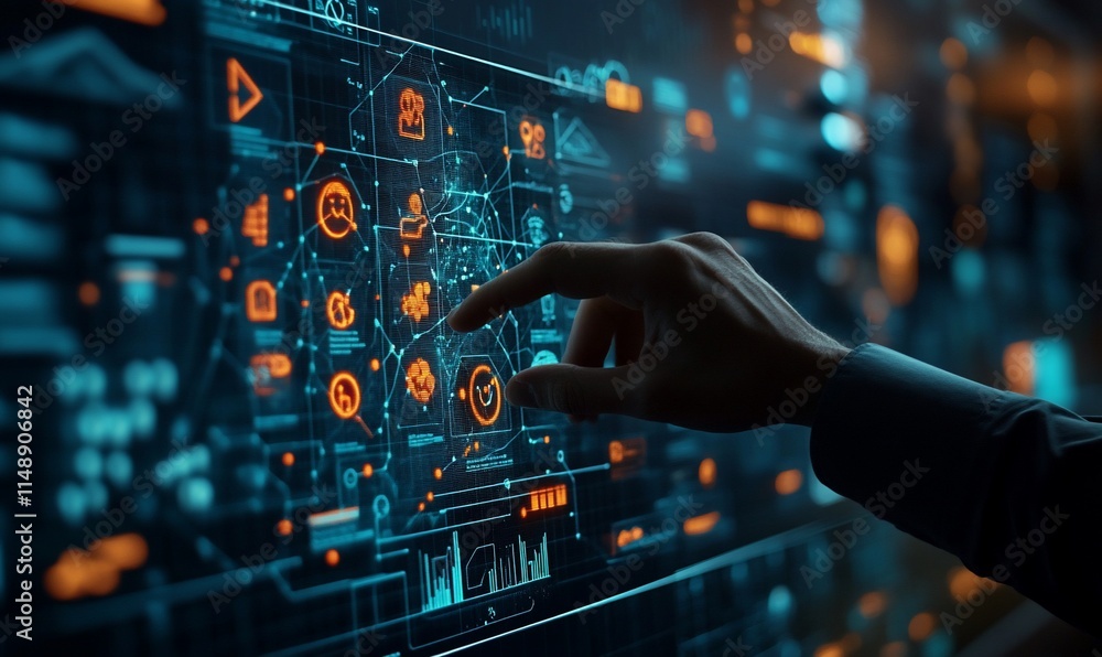 Poster a hand interacts with a digital interface displaying data and icons.