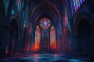 Fototapeta premium A gothic cathedral's nave glows with vibrant stained-glass windows, casting an ethereal light.