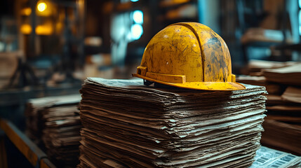 Creative Interpretation of a Yellow Hard Hat Amongst Newspapers and Soft Lighting Emphasizing Construction and Communication