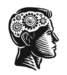 Human head with gears. Brain thinking. Idea, thought concept
