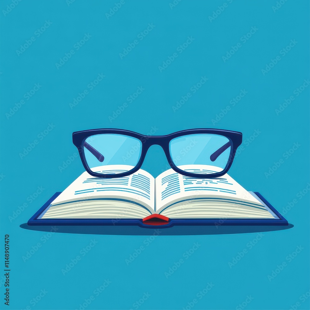 Poster an open book with glasses resting on it, symbolizing knowledge and learning.