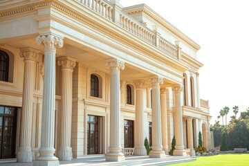 Obraz premium Grand classical style mansion with columns, showcasing ornate details and a manicured lawn.