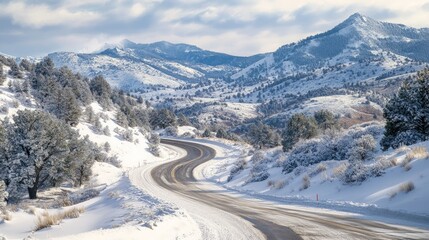 Serene Winter Landscape with Curved Road and Snow-Covered Mountains