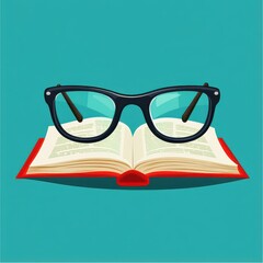 A pair of stylish black glasses resting on an open book against a vibrant teal background.