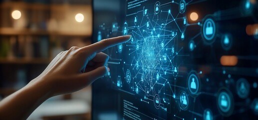 A hand interacts with a digital network interface displaying data and icons.