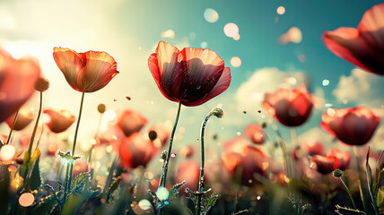 A whimsical field of oversized flowers with sparkling petals and floating pollen, creating a surreal and bright atmosphere, full of magic and vibrant colors.