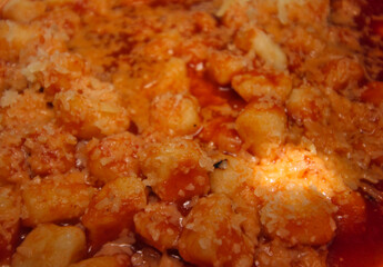 gnocchi with red sauce. gnocchi with tomato sauce. gnocchi details. meal details. gnocchi with sauce and grated cheese