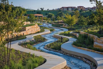 Fototapeta premium Green urban park with artificial streams lush landscape modern design scenic views tranquil environment for relaxation