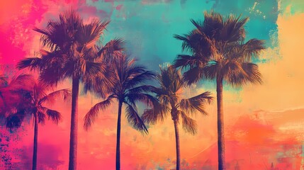 Artistic digital collage of palm trees with vibrant colors and a retro aesthetic