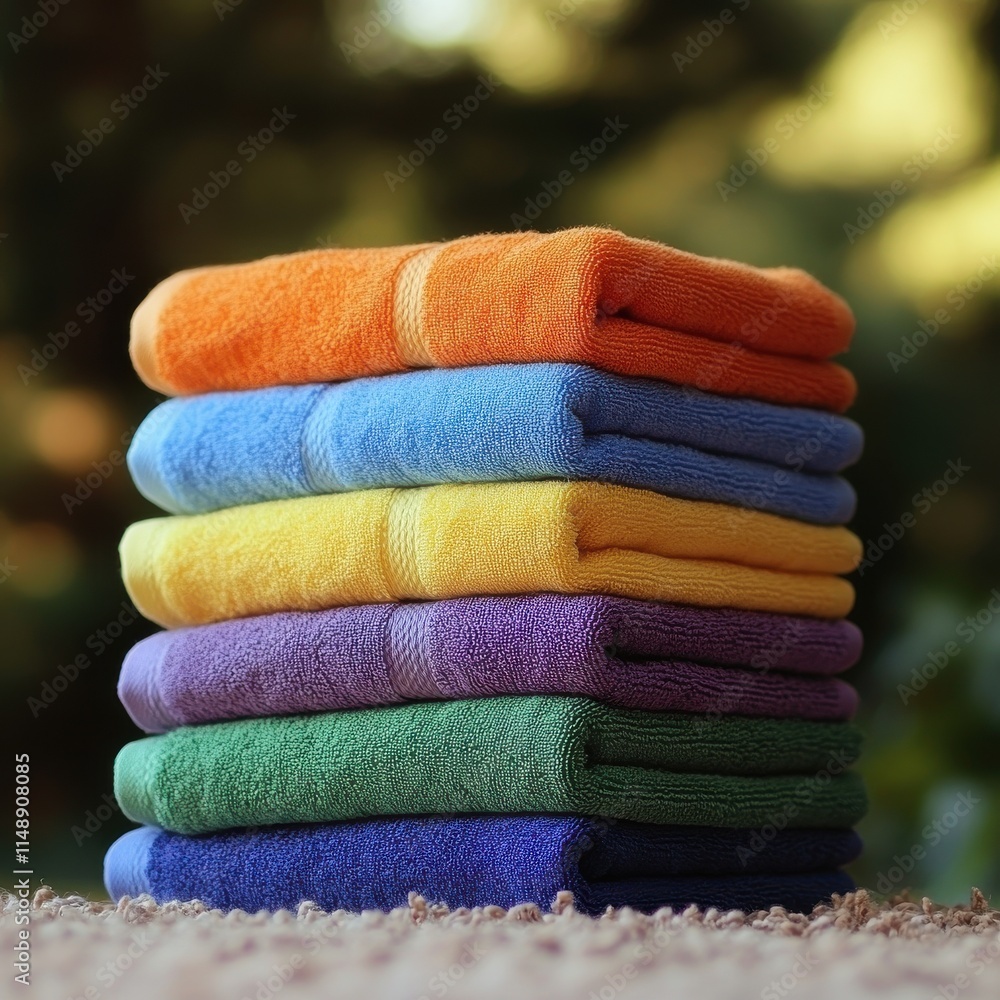 Aufkleber a vibrant stack of colorful towels in various shades, creating an inviting and cheerful atmosphere.
