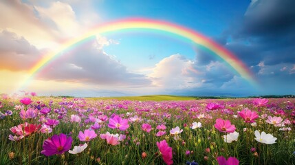 Vibrant cosmos flower field with a rainbow after a summer rain. © thenort