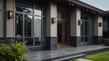 Modern house exterior with large windows, dark gray stone accents, and dark brown entry door.  Multiple exterior wall-mounted lights are visible. Landscaping includes low green shrubs.