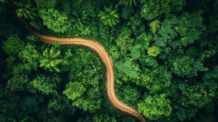 Fototapeta premium Serene Aerial View of Winding Dirt Road through Lush Green Jungle