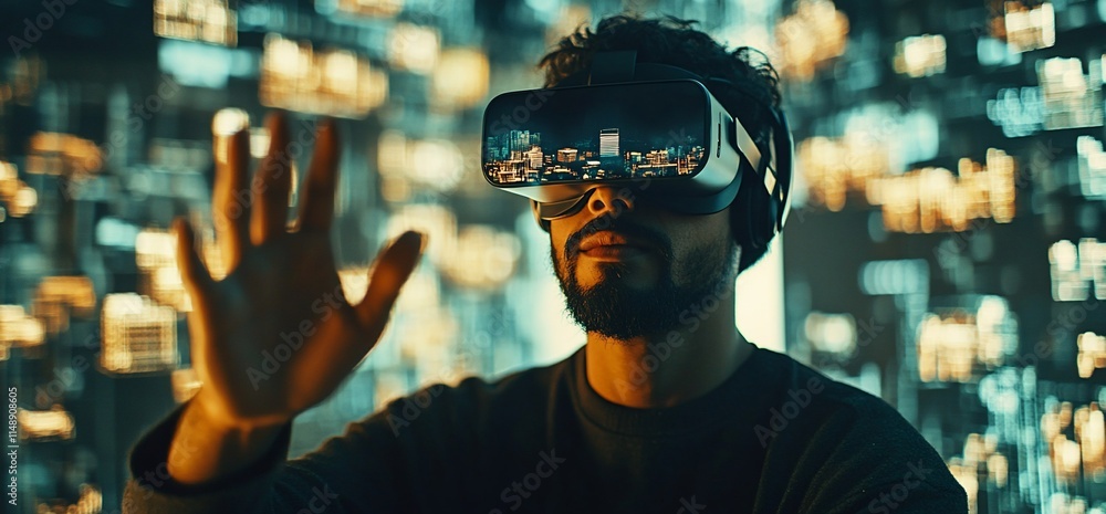 Poster a man using virtual reality headset, interacting with a digital environment.